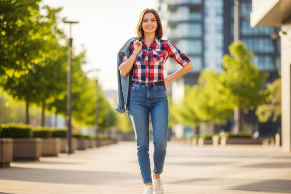 Mladá žena stojí venku v barevné kostkované košili a džínách, drží riflovou bundu přes rameno.