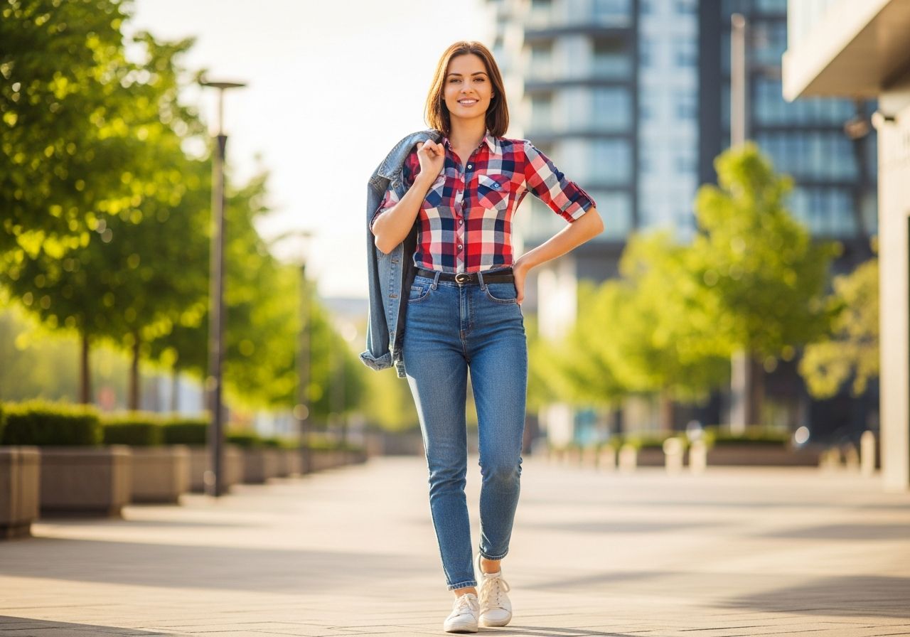 Mladá žena stojí venku v barevné kostkované košili a džínách, drží riflovou bundu přes rameno.