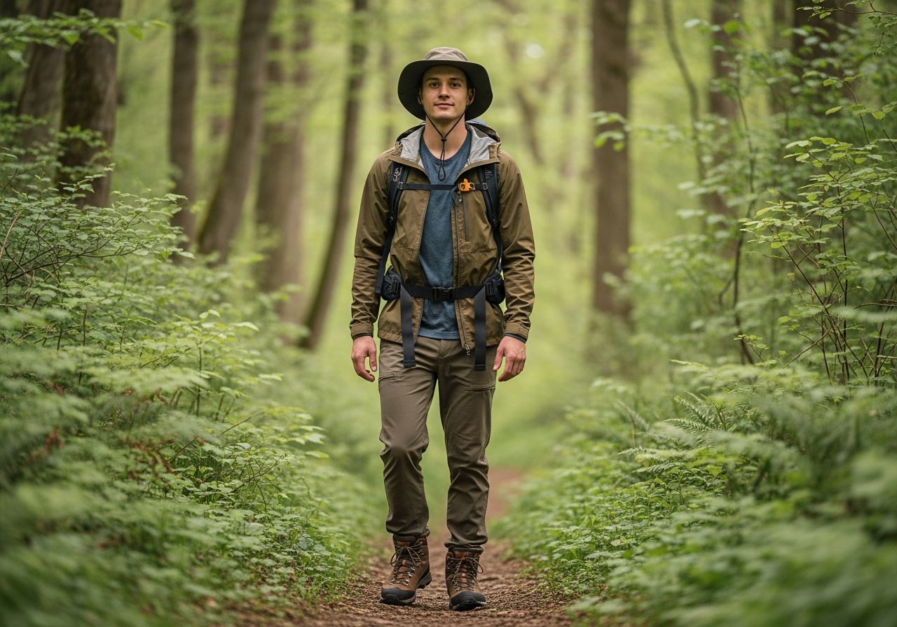 Mladý turista v lese na stezce, oblečený na jednodenní výlet, s batohem a kloboukem.