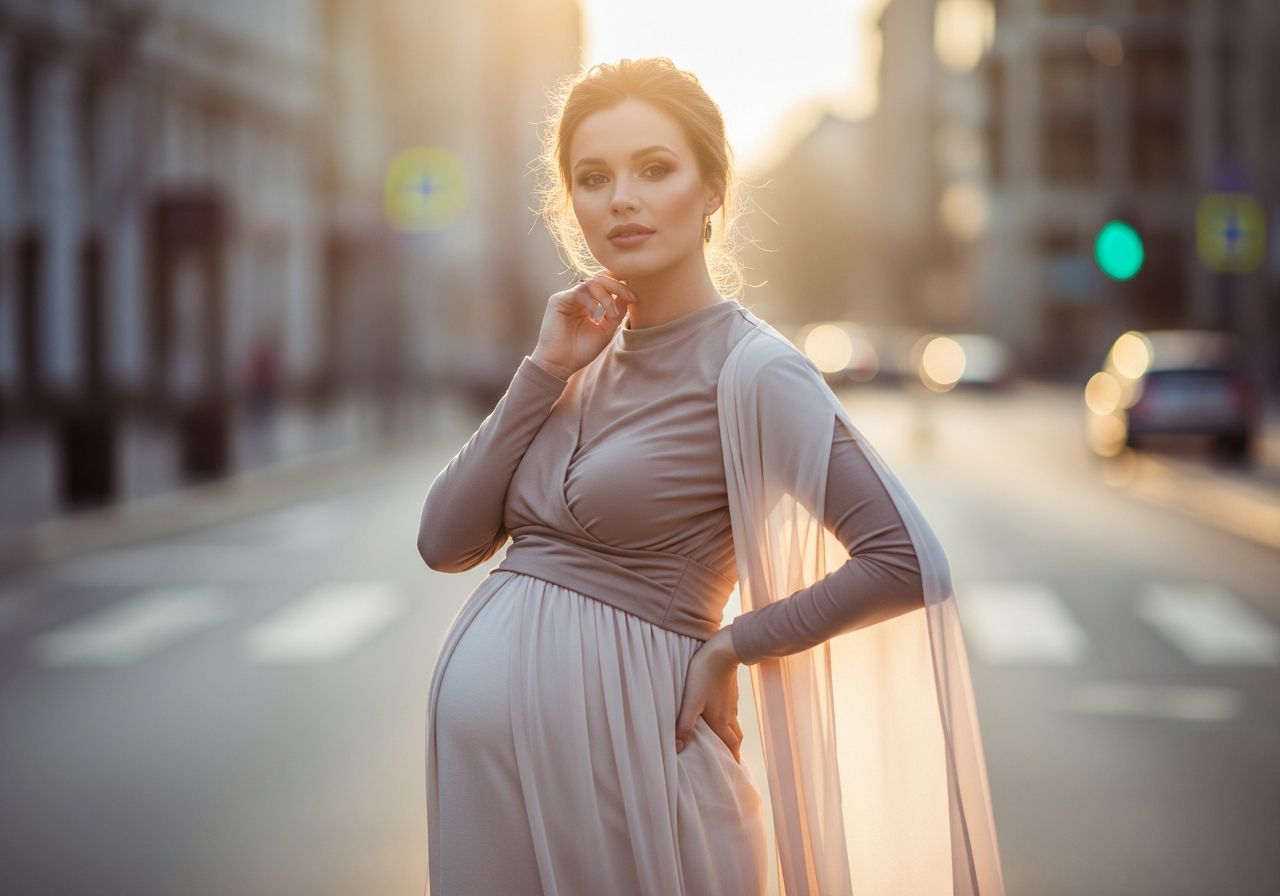 Těhotná žena v pohodlném těhotenském oblečení stojí na ulici za zlaté hodiny města.