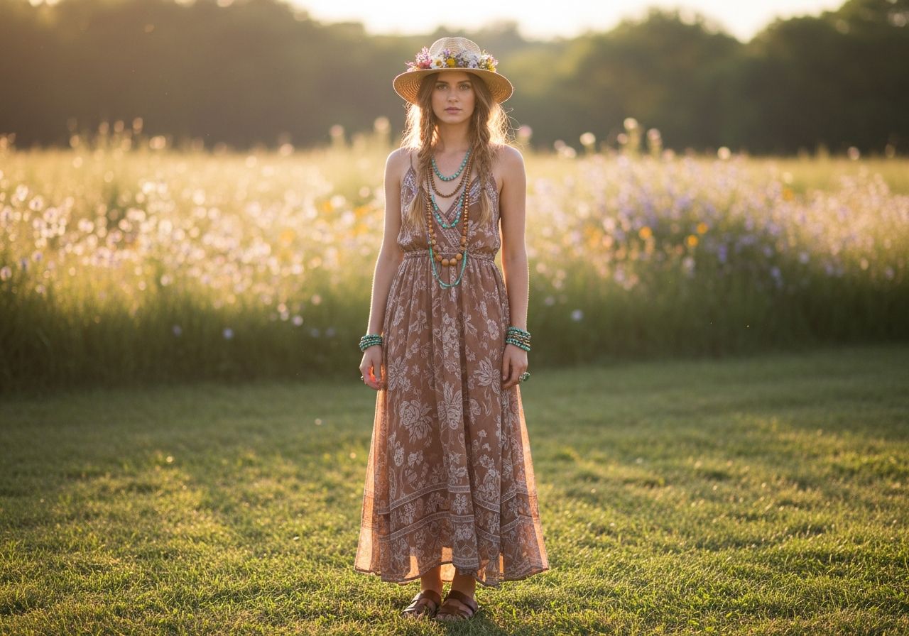 Mladá žena v boho stylu ve světlé louce při zlaté hodině, nosí maxi šaty a klobouk s květinami