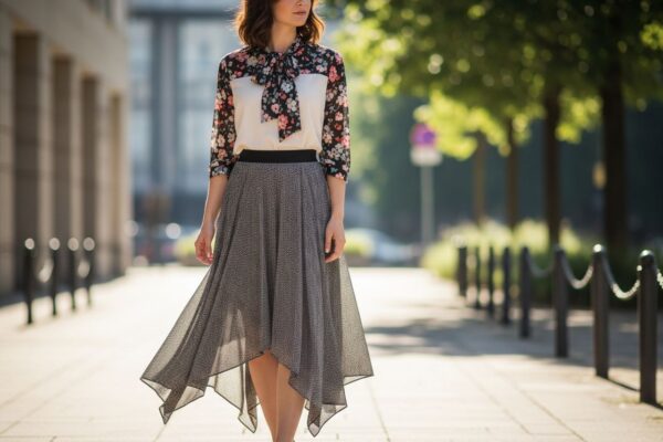 Stylová žena v městském prostředí v asymetrické sukni a elegantní halence v přirozeném světle