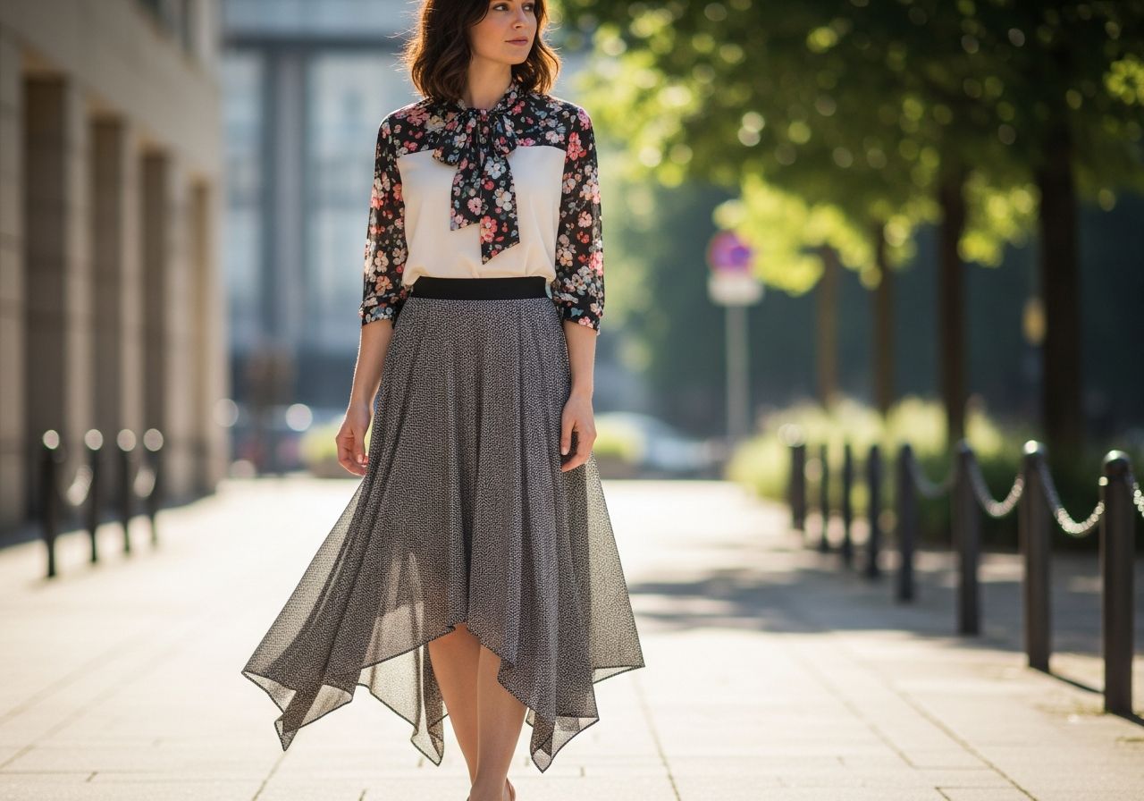 Stylová žena v městském prostředí v asymetrické sukni a elegantní halence v přirozeném světle