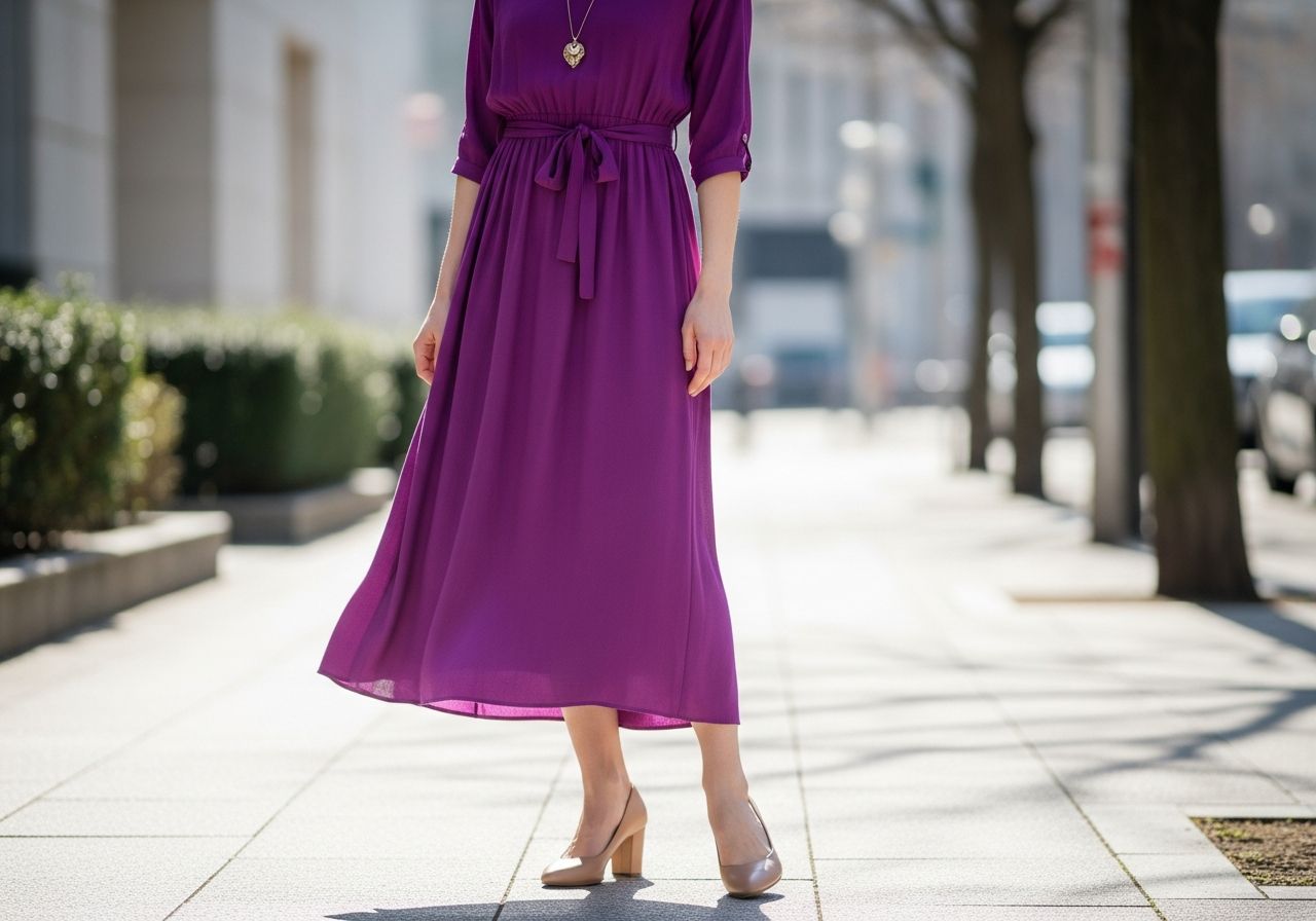 Stylová žena v fialových šatech stojí na městském chodníku při denním světle.