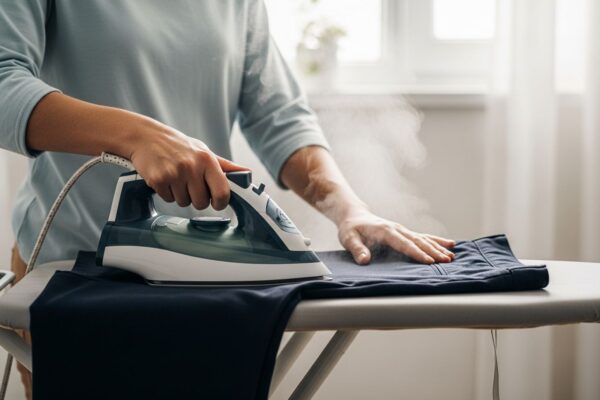Člověk pečlivě žehlí tmavé kalhoty na prkně v dobře osvětlené prádelně s přírodním světlem.