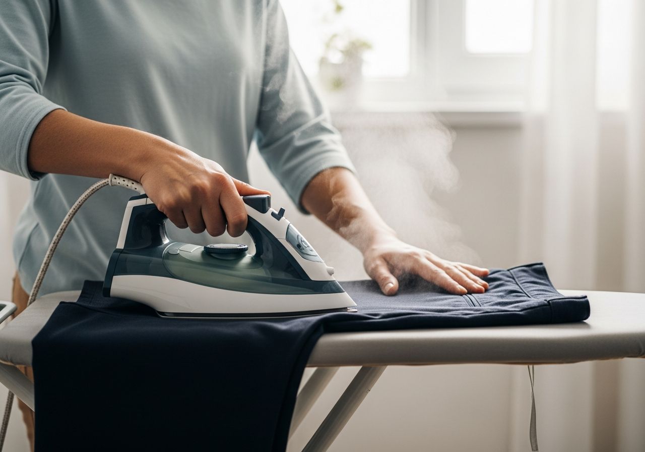 Člověk pečlivě žehlí tmavé kalhoty na prkně v dobře osvětlené prádelně s přírodním světlem.