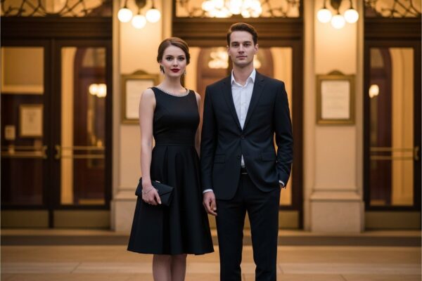 Mladý pár před vchodem do koncertní haly ve formálním oblečení večer