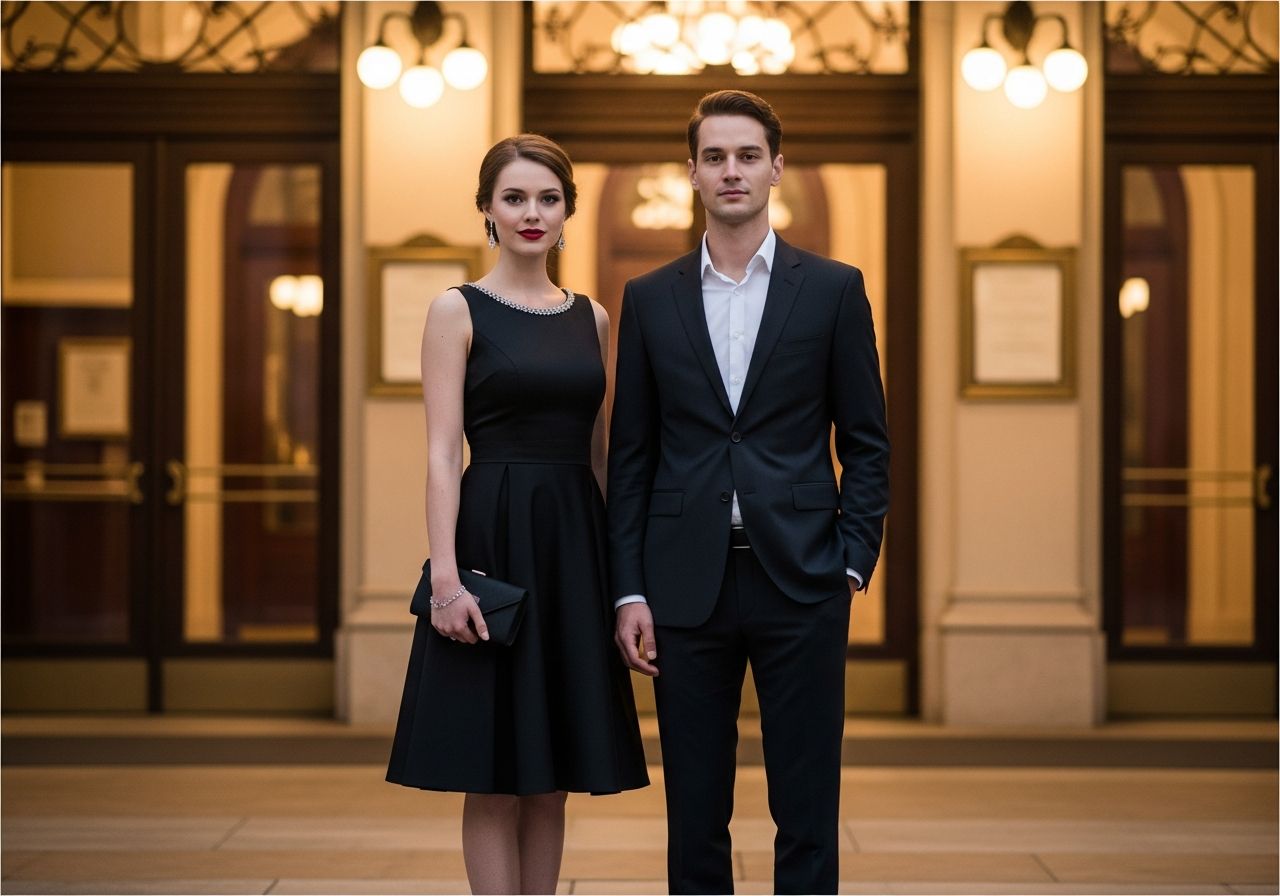 Mladý pár před vchodem do koncertní haly ve formálním oblečení večer