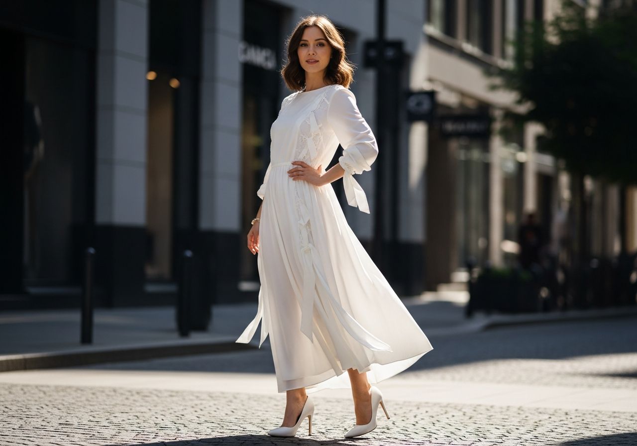 Mladá žena v bílé šatech stojí na městské ulici s rozmazaným pozadím a dlažebními kostkami.