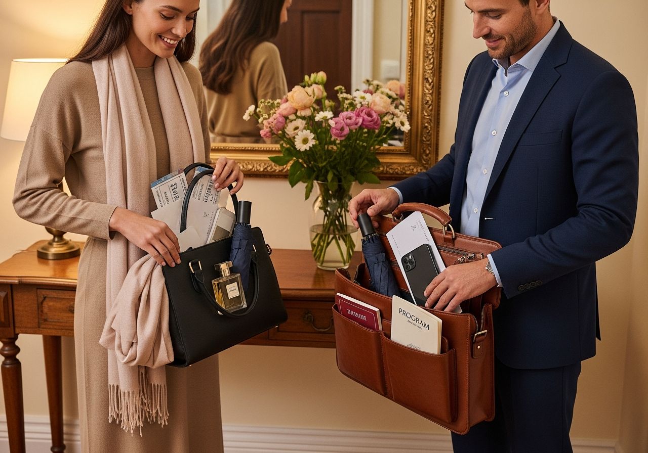 Elegantní pár balí divadelní potřeby v předsíni s vintage stolem a květinami před večerem v divadle