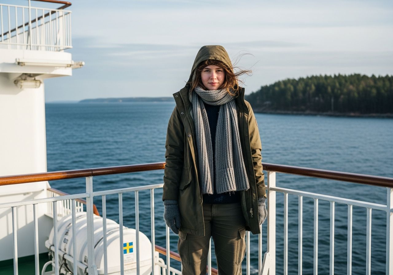 Mladý cestovatel na trajektu do Švédska, oděný do větru, s výhledem na moře a borovicový les