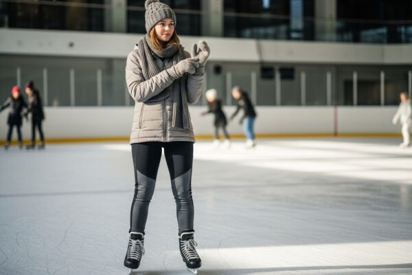 Mladá žena v zimním oblečení stojí na ledě v hale na lední bruslení, připravena bruslit.