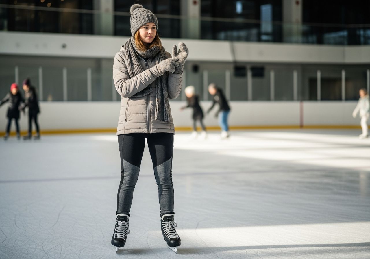 Mladá žena v zimním oblečení stojí na ledě v hale na lední bruslení, připravena bruslit.