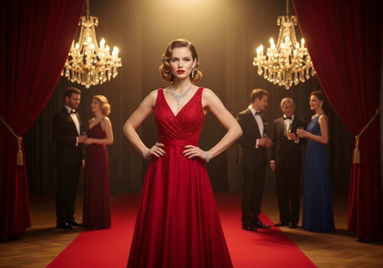 Žena v červených šatech na červeném koberci na hollywoodské párty se zlatým osvětlením.