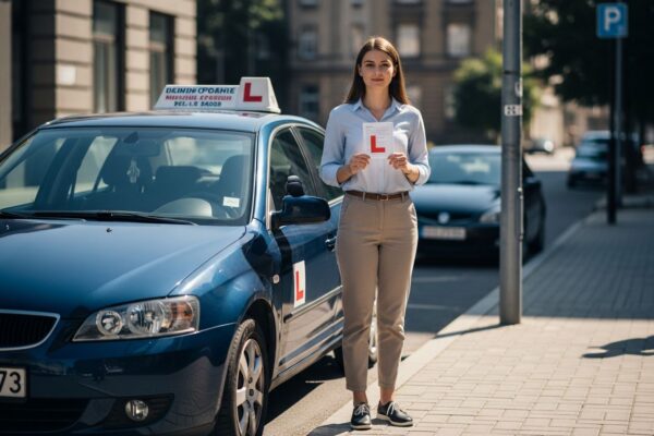 Mladý dospělý stojí u zaparkovaného auta s učebním průkazem před jízdním zkouškovým testem.