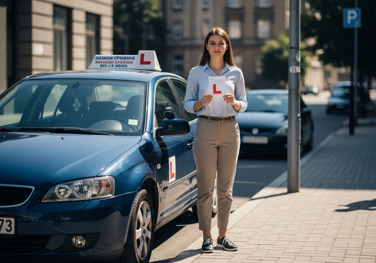 Mladý dospělý stojí u zaparkovaného auta s učebním průkazem před jízdním zkouškovým testem.