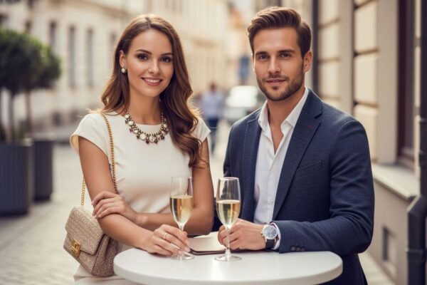 Módní pár na denní schůzce ve městě, oblečený v elegantním a smartcasual outfitu, vyzařující spojení.