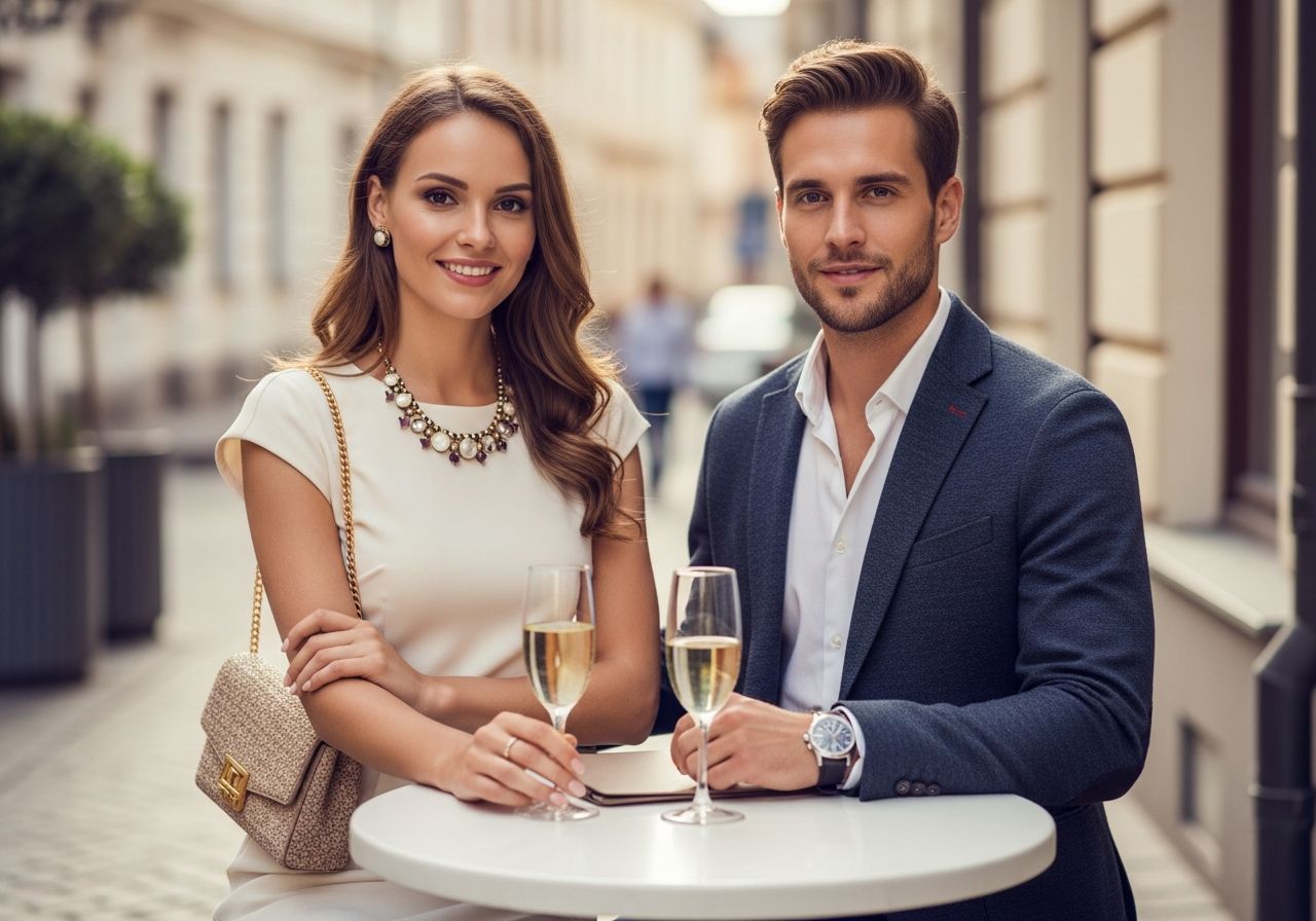 Módní pár na denní schůzce ve městě, oblečený v elegantním a smartcasual outfitu, vyzařující spojení.