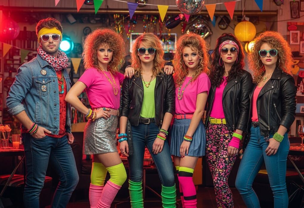 Skupina mladých lidí na 80. let tematické párty v barevném oblečení a retro dekoracích uvnitř.