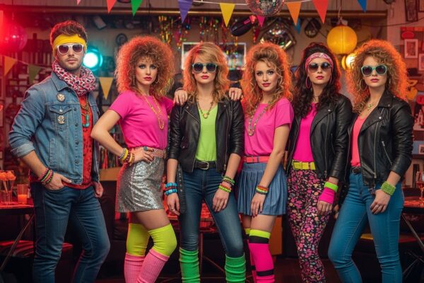 Skupina mladých lidí na 80. let tematické párty v barevném oblečení a retro dekoracích uvnitř.