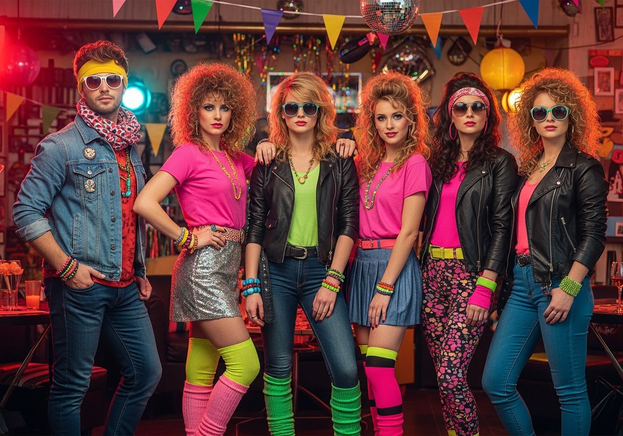 Skupina mladých lidí na 80. let tematické párty v barevném oblečení a retro dekoracích uvnitř.