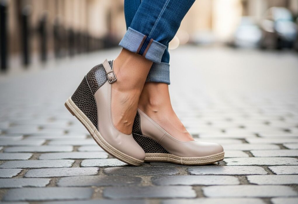 Ženské nohy v moderních klínových botách na dlážděné ulici s rozostřeným městským pozadím