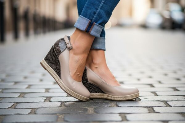 Ženské nohy v moderních klínových botách na dlážděné ulici s rozostřeným městským pozadím