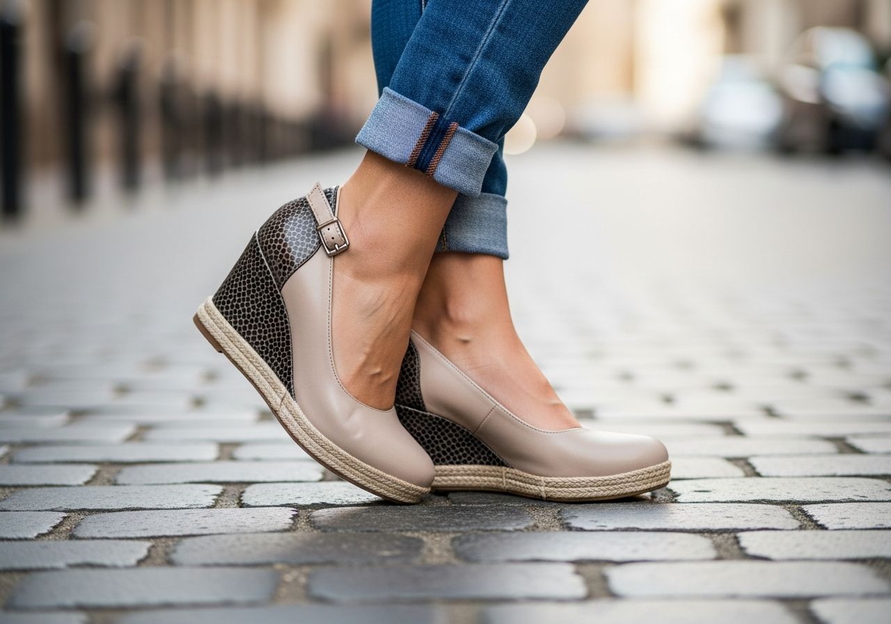 Ženské nohy v moderních klínových botách na dlážděné ulici s rozostřeným městským pozadím