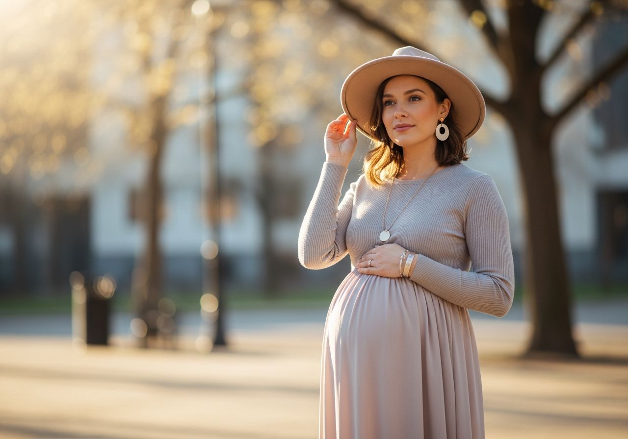 Těhotná žena v pastelových šatech s kloboukem objímá břicho na jaře v parku.