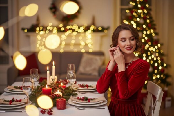 Žena v červených šatech u slavnostně prostřeného vánočního stolu v útulném obývacím pokoji.