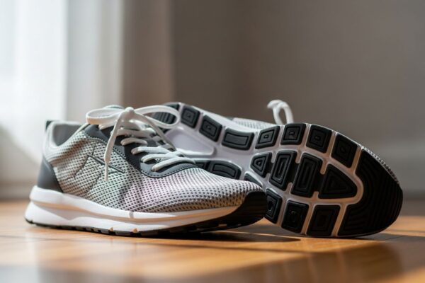 Pár moderních tenisek na dřevěné podlaze, jedna ukazuje vzor podešve, přirozené denní světlo.