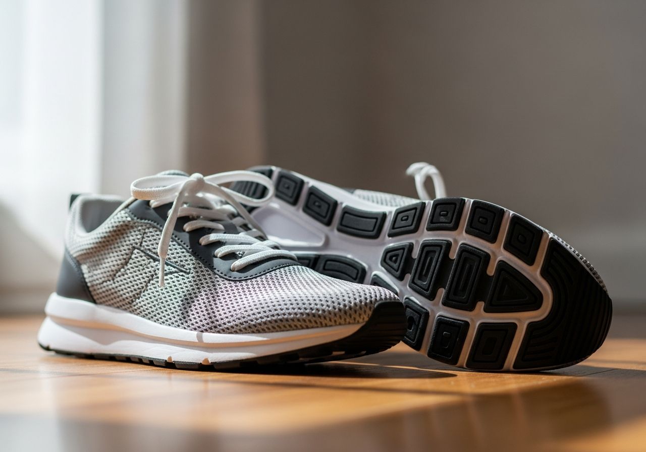 Pár moderních tenisek na dřevěné podlaze, jedna ukazuje vzor podešve, přirozené denní světlo.