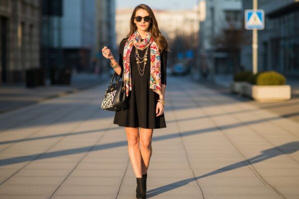 Mladá žena v černých šatech s barevným šátkem a kabelkou ve městě za zlaté hodiny.