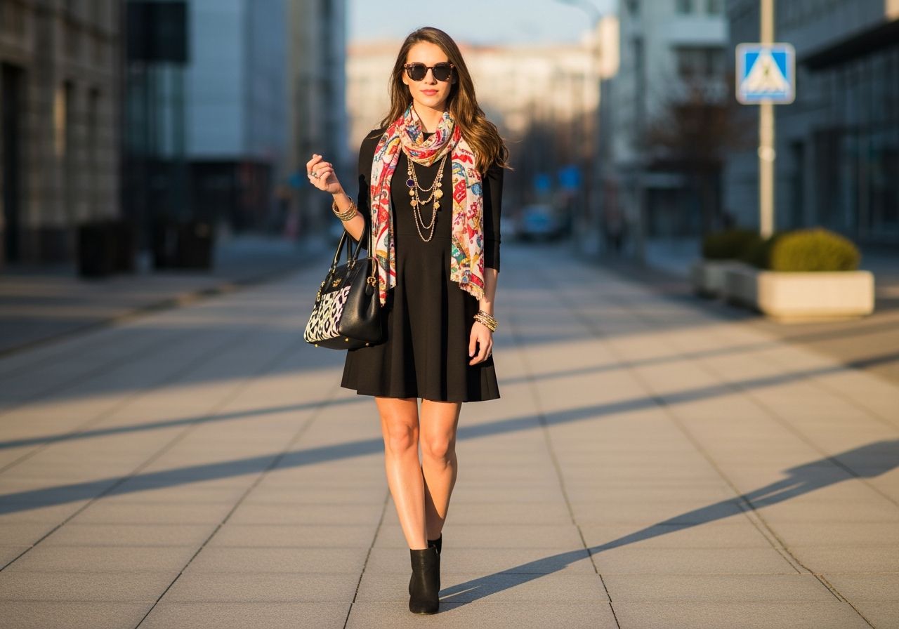 Mladá žena v černých šatech s barevným šátkem a kabelkou ve městě za zlaté hodiny.