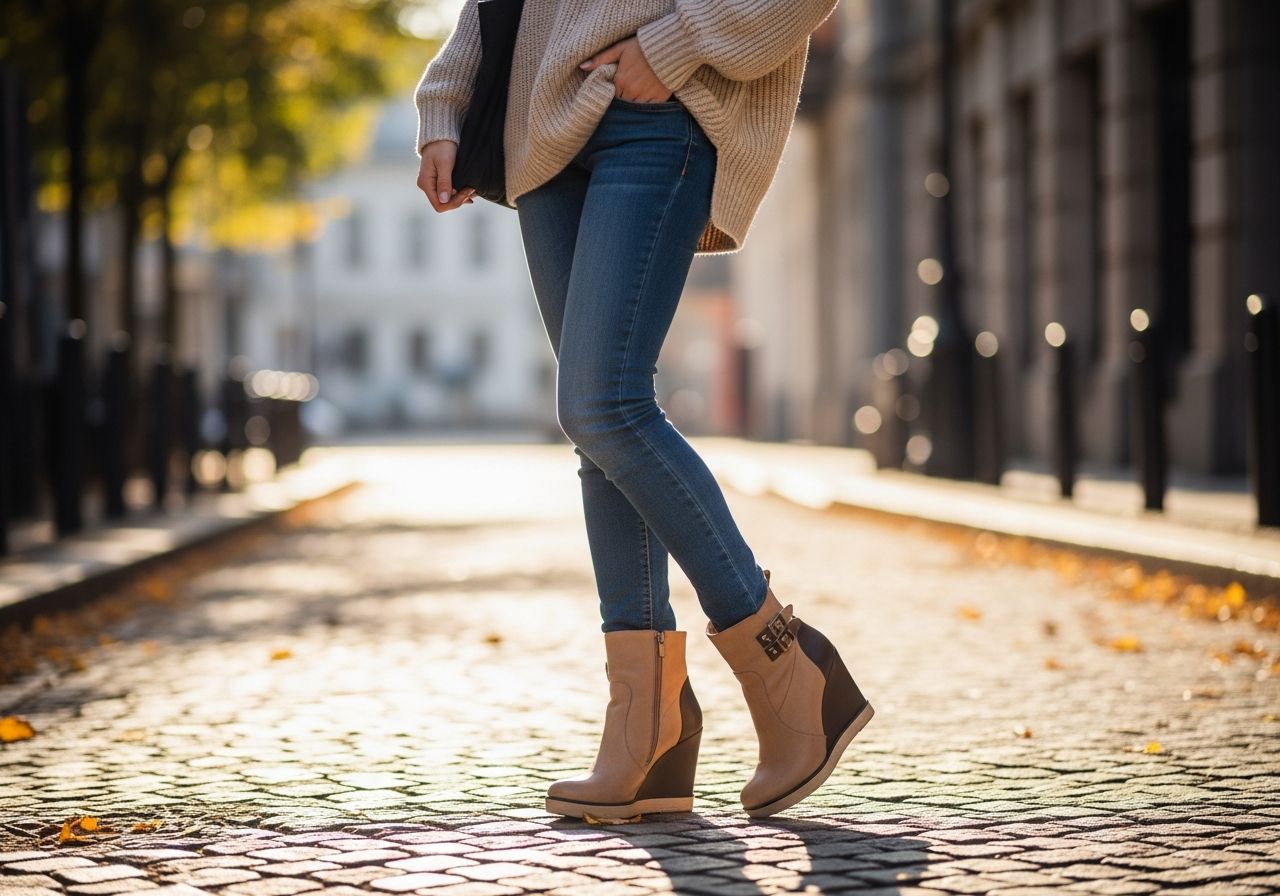 Žena v jarních botách a úzkých džínách stojí na dlažební ulici s podzimními listy.