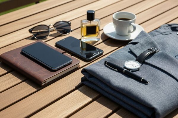 Dřevěný stůl venku s denním světlem, deník, telefon, sluneční brýle, parfém, sako, hodinky, pero a káva.