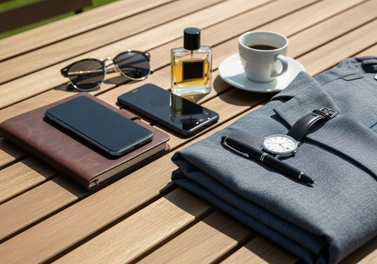 Dřevěný stůl venku s denním světlem, deník, telefon, sluneční brýle, parfém, sako, hodinky, pero a káva.