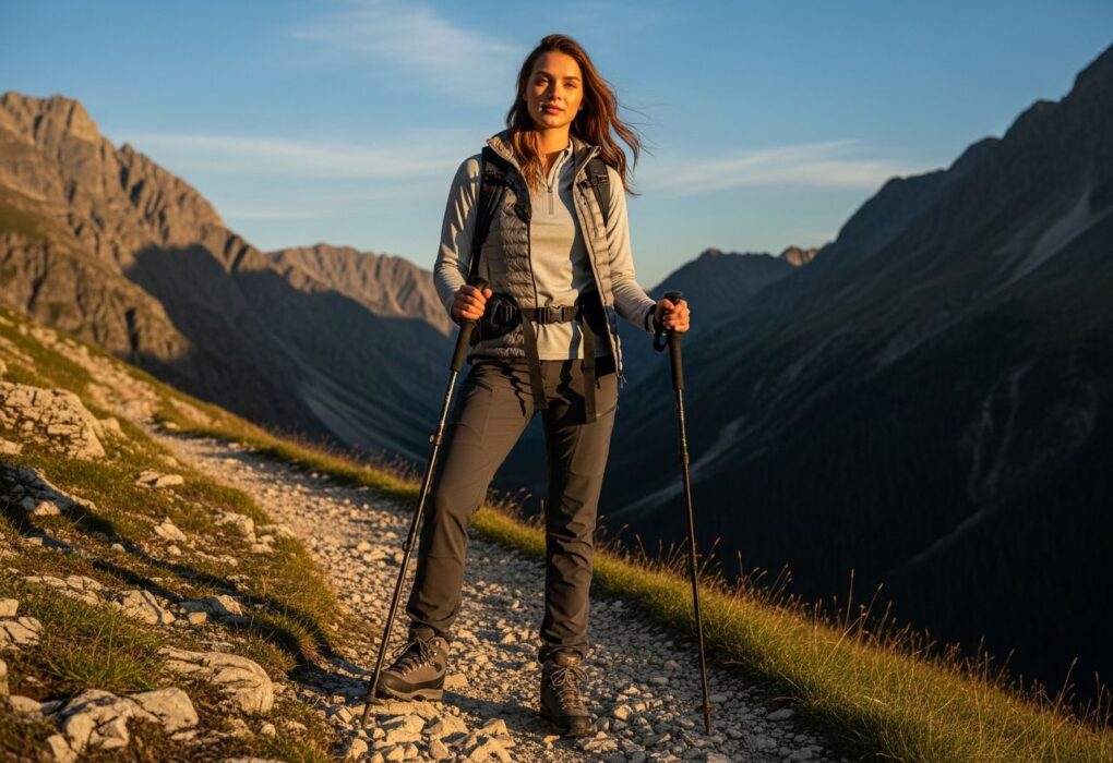 Mladá žena na horské stezce s turistickou výbavou za zlaté hodiny pod modrou oblohou.