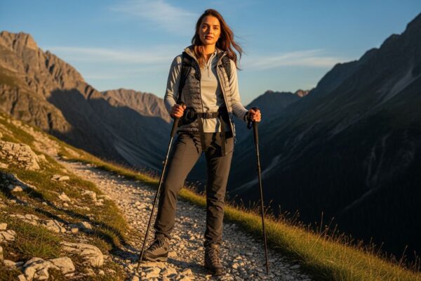 Mladá žena na horské stezce s turistickou výbavou za zlaté hodiny pod modrou oblohou.