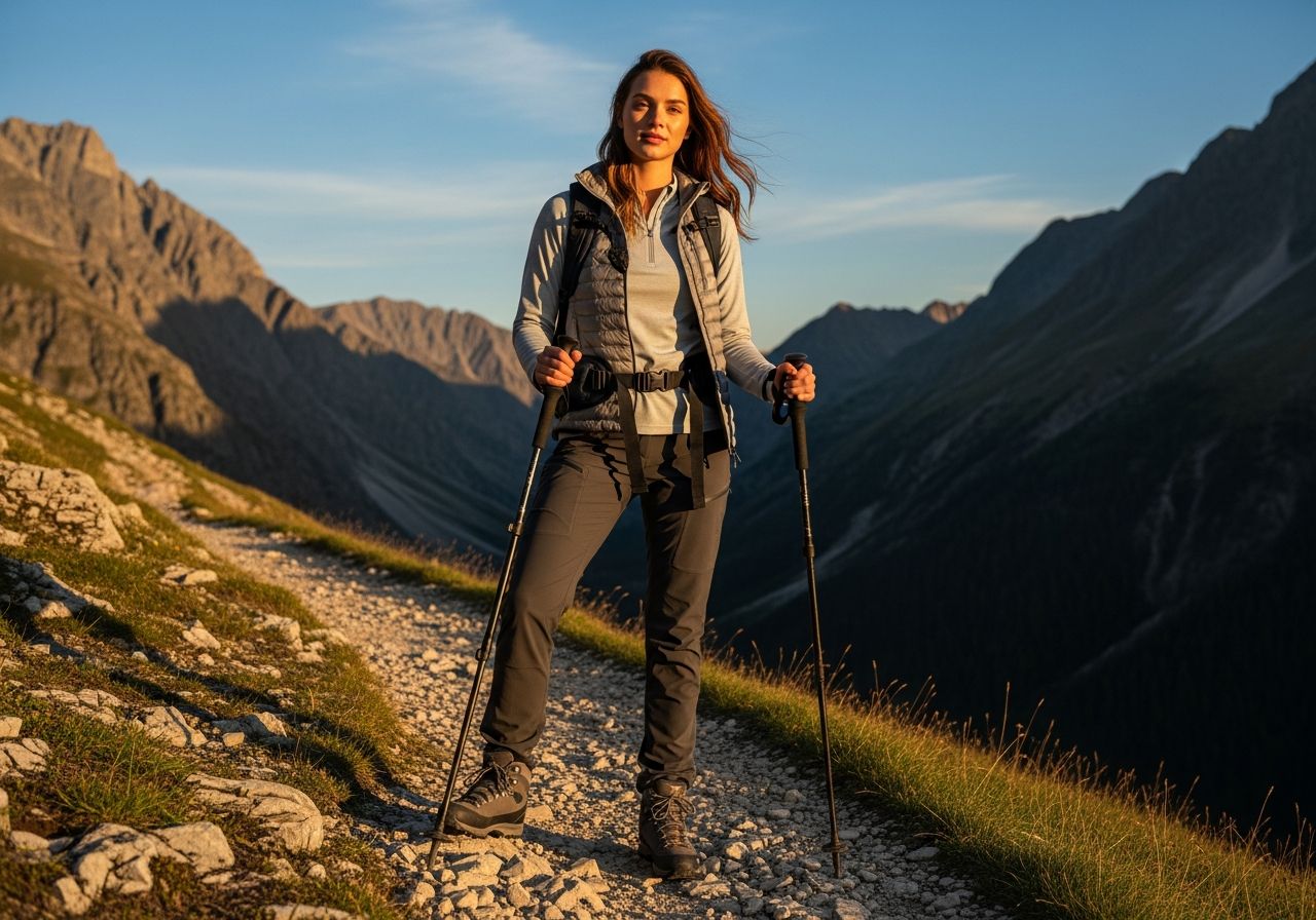 Mladá žena na horské stezce s turistickou výbavou za zlaté hodiny pod modrou oblohou.