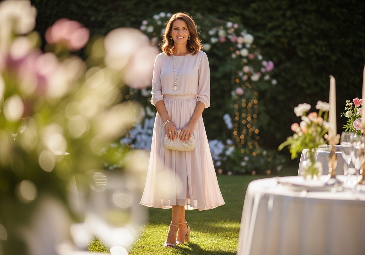 Elegantní žena ve čtyřiceti v zahradě na svatbě v pastelových šatech s clutch taškou a jemným šperkem
