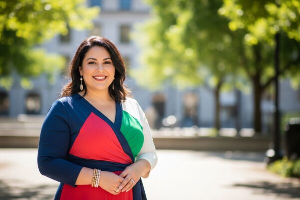 Žena plus size v barevných šatech stojí venku v parku, usmívá se, sluneční světloto, městské pozadí.