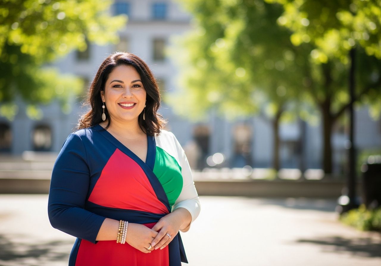 Žena plus size v barevných šatech stojí venku v parku, usmívá se, sluneční světloto, městské pozadí.