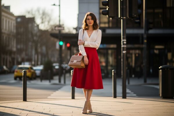 Mladá žena v červené sukni a bílé blůze stojí ve městě za zlaté hodiny s koženou kabelkou.