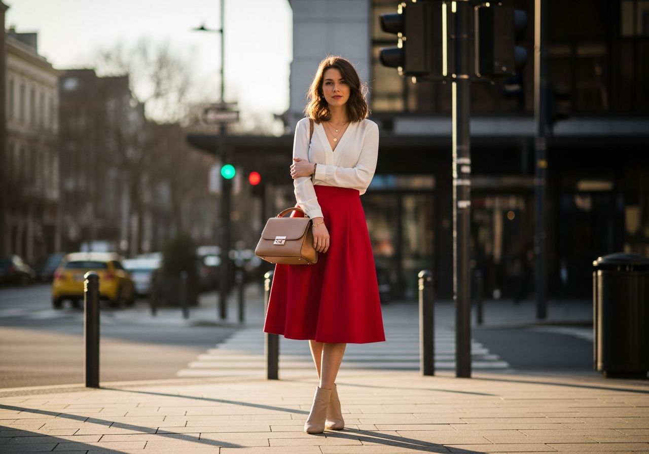 Mladá žena v červené sukni a bílé blůze stojí ve městě za zlaté hodiny s koženou kabelkou.