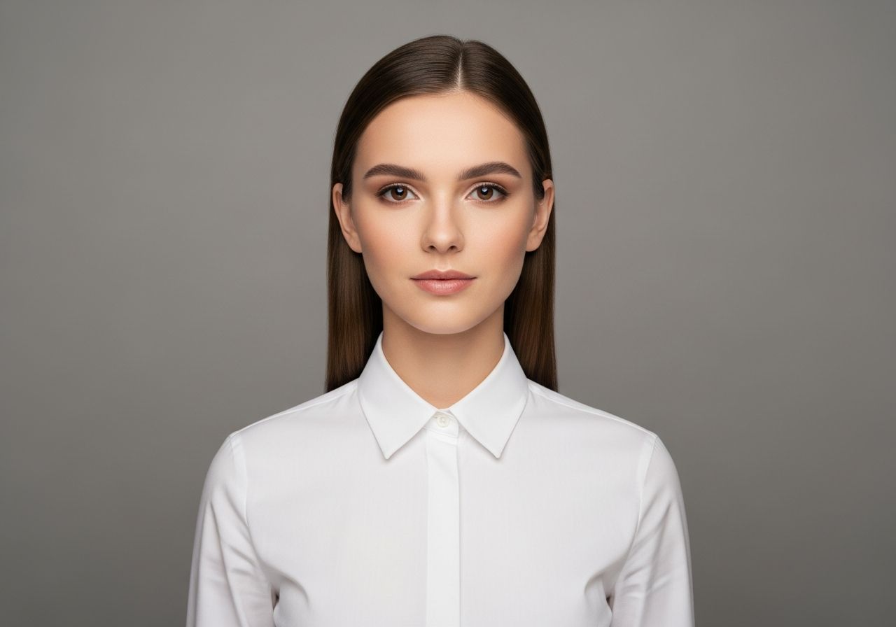 Mladá osoba ve světlé košili před šedým pozadím, klidný výraz, oficiální fotografie portrétu.