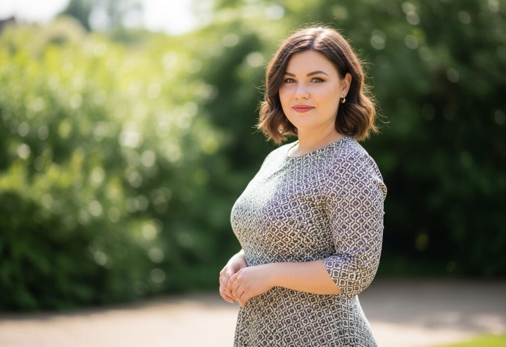 Mladá žena v elegantních šatech stojí venku s jemným úsměvem a rozmazaným zeleným pozadím.