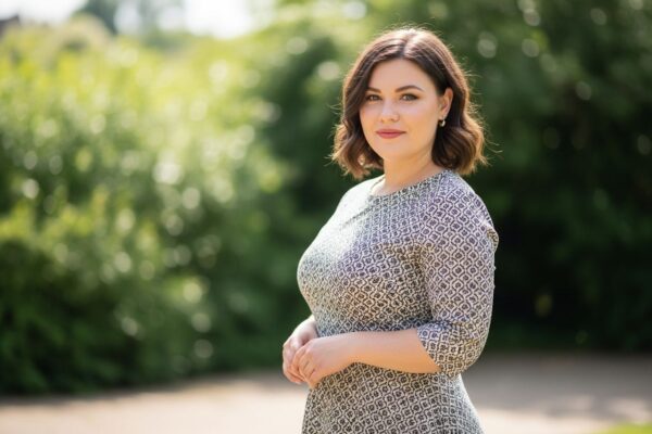 Mladá žena v elegantních šatech stojí venku s jemným úsměvem a rozmazaným zeleným pozadím.